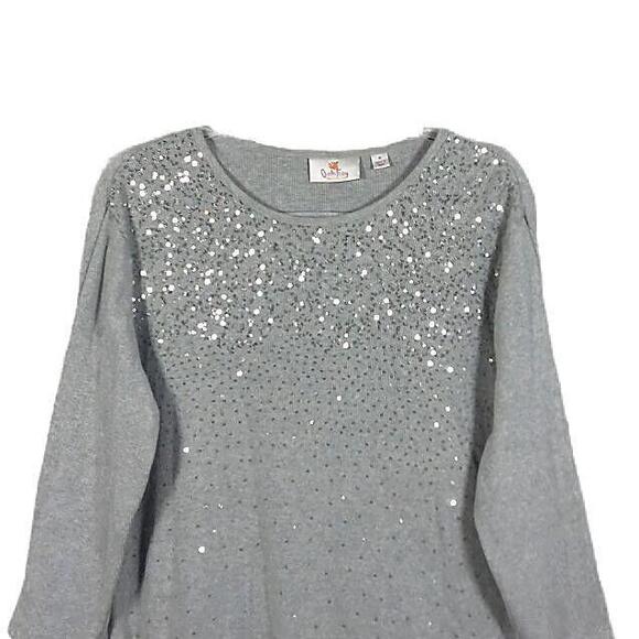 Quacker Factory Top Size M Gray Mini Sequin Bling 3/4 Sleeve 1 X 1 Ribbed Tee - Picture 3 of 5